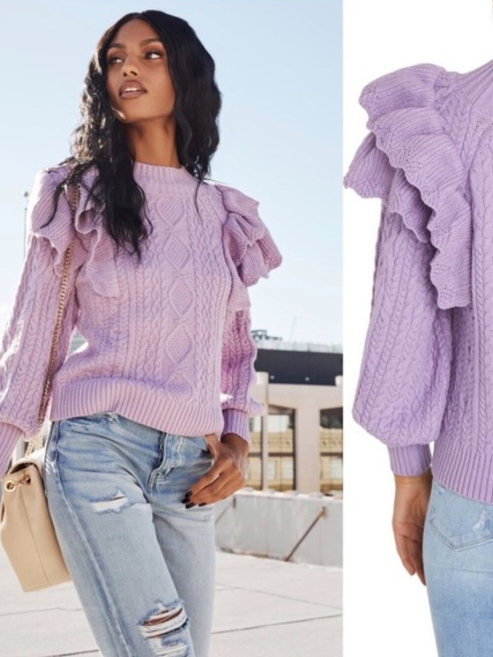 Vici Lavender Cable Knit Big Ruffle Puff Sleeve Victorian Cottagecore Chunky M